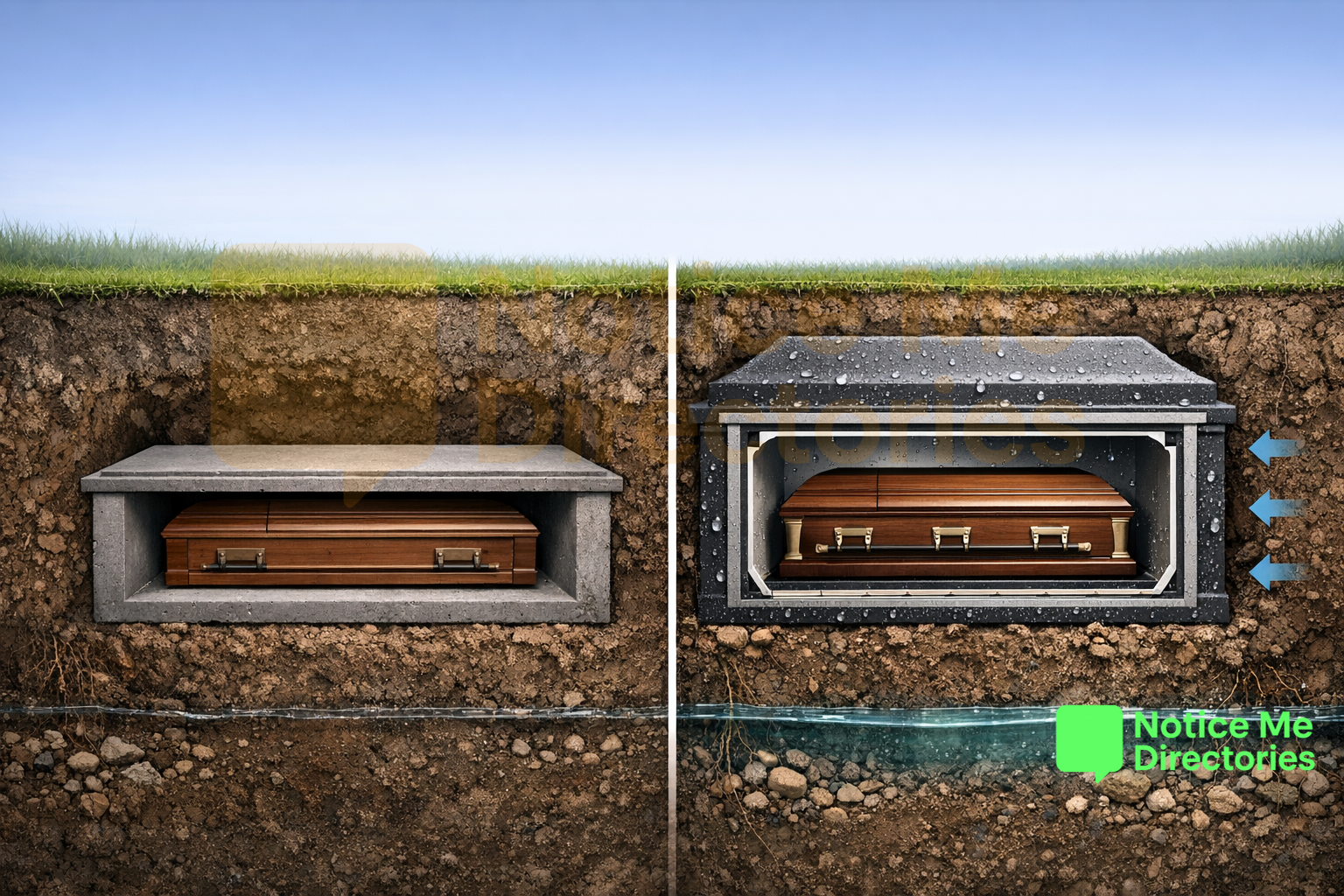 Sub-surface cross-section comparing a standard unlined concrete grave liner with a sealed protective burial vault surrounding a wooden casket in the earth.