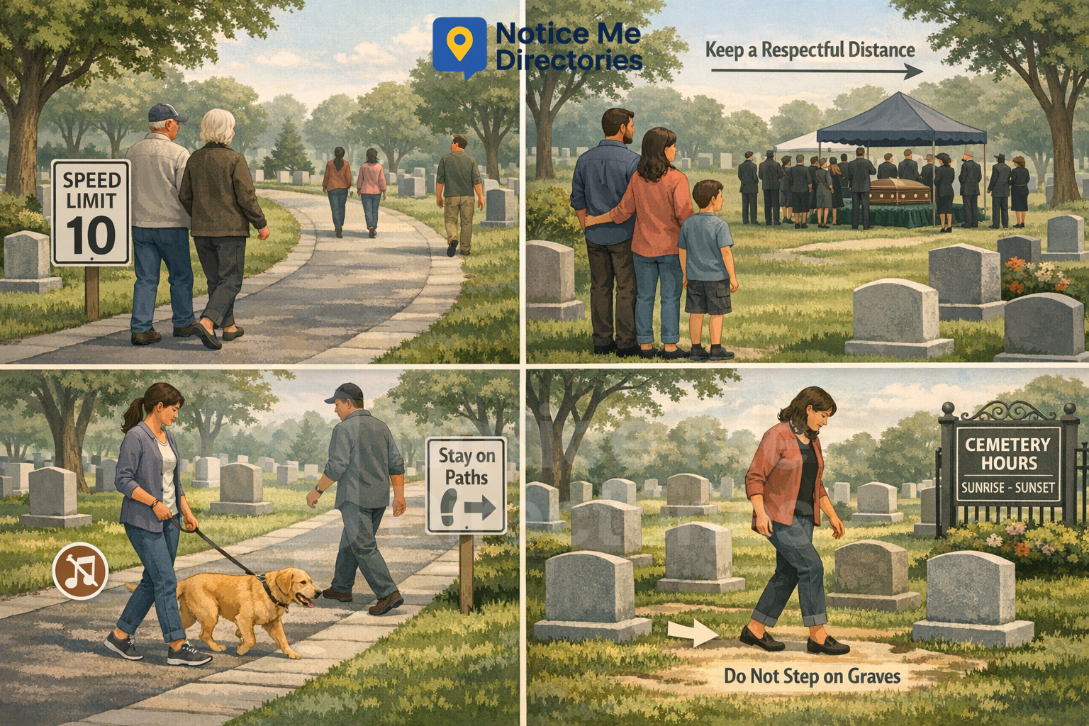 An educational four-panel illustration detailing universal cemetery property etiquette and visitor rules. The top-left panel shows a couple driving slowly down a paved road next to a 10 MPH speed limit sign. The top-right panel shows a family watching a burial service from a respectful distance under a tent with text reading Keep a Respectful Distance. The bottom-left panel shows a visitor walking a dog on a leash along a designated walkway next to a Stay on Paths sign. The bottom-right panel shows a visitor walking carefully between stone grave rows next to an arrow reading Do Not Step on Graves near an entrance sign reading Cemetery Hours Sunrise to Sunset.