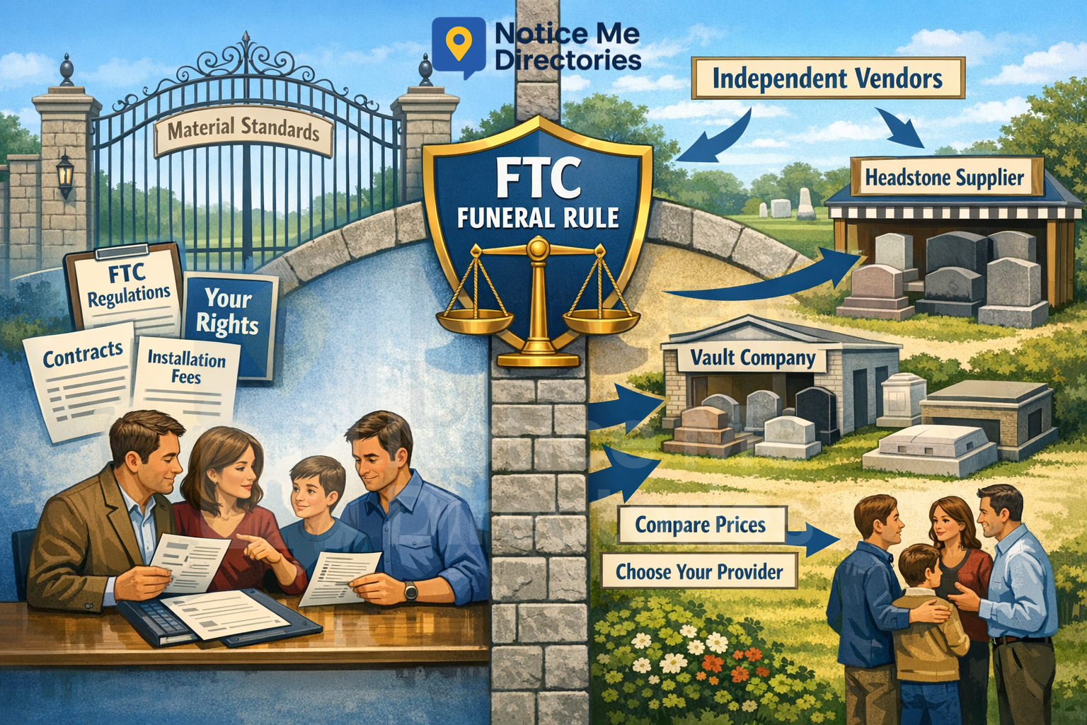 An educational consumer protection illustration detailing family rights under the FTC Funeral Rule when purchasing cemetery goods. On the left side, a family sits at a wooden desk carefully reviewing documents labeled contracts, installation fees, FTC regulations, and your rights. On the right side, an open landscape shows the family interacting with independent vendors, an external headstone supplier, and a vault company. A central stone pillar holds a large gold shield emblem that reads FTC Funeral Rule with the scales of justice, pointing arrows toward clear consumer choice actions: compare prices and choose your provider.