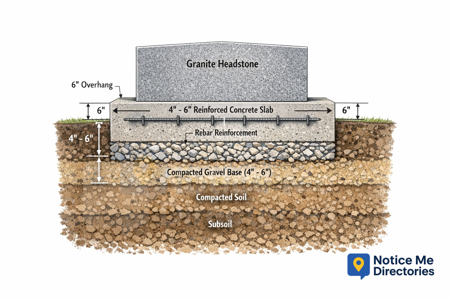 A technical cross-section diagram demonstrating cemetery foundation construction codes for a granite headstone monument. The graphic illustrates a granite headstone sitting centered on a 4 to 6-inch thick reinforced concrete slab containing internal rebar reinforcement. The concrete base extends outward to show a mandatory 6-inch overhang border on each side beyond the stone. Beneath the slab, a 4 to 6-inch compacted gravel base rests directly over compacted soil and subsoil layers to ensure structural leveling.