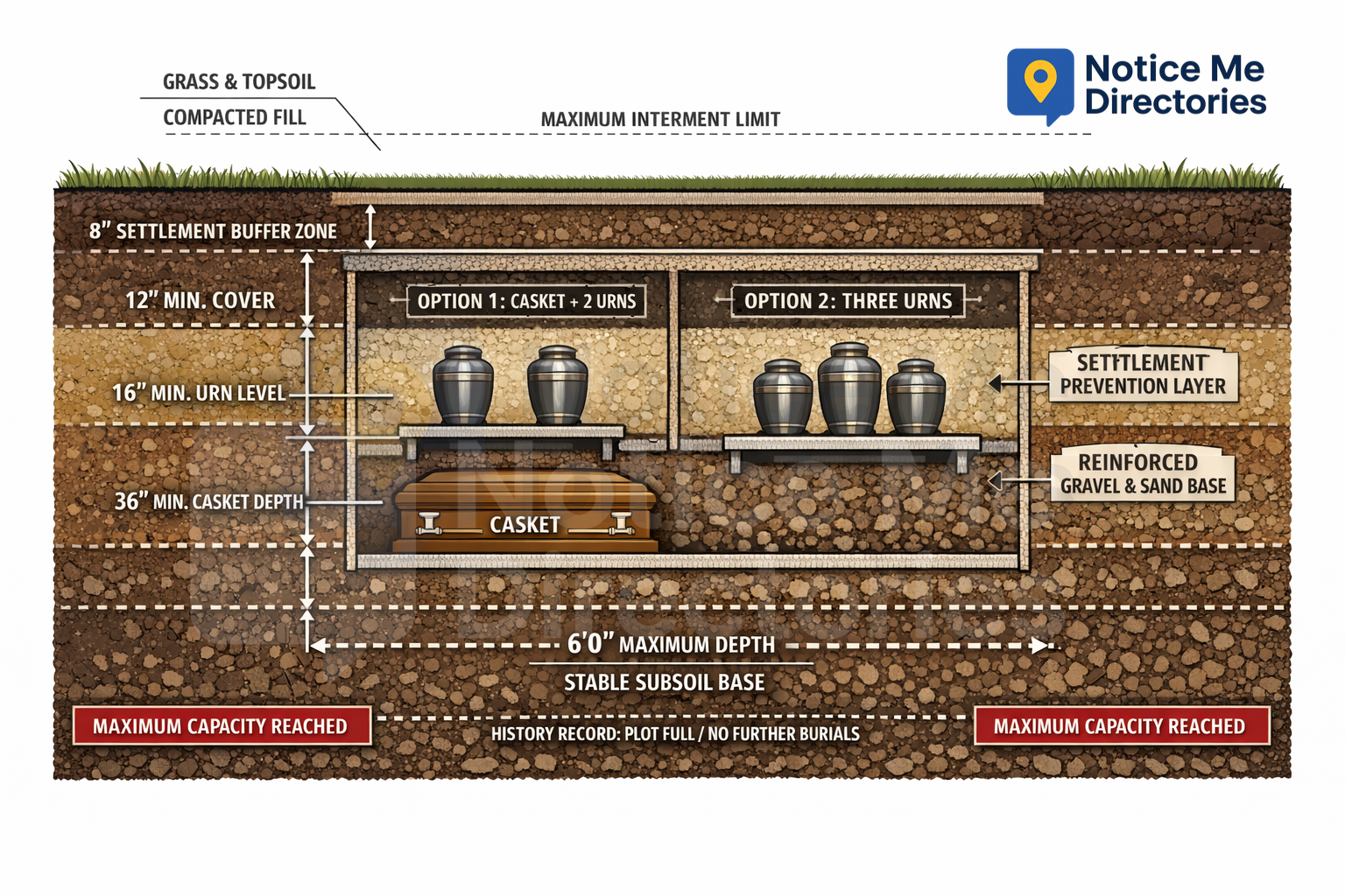 A detailed cross-section diagram showcasing underground cemetery plot capacity boundaries and structural interment limits. The illustration defines two options within a concrete burial vault below the grass and topsoil layers: Option one displays one casket at a 36-inch minimum depth with two cremation urns on an upper shelf layer. Option two displays three cremation urns side-by-side on a settlement prevention layer above a reinforced gravel base, establishing a clear 6-foot maximum depth boundary.