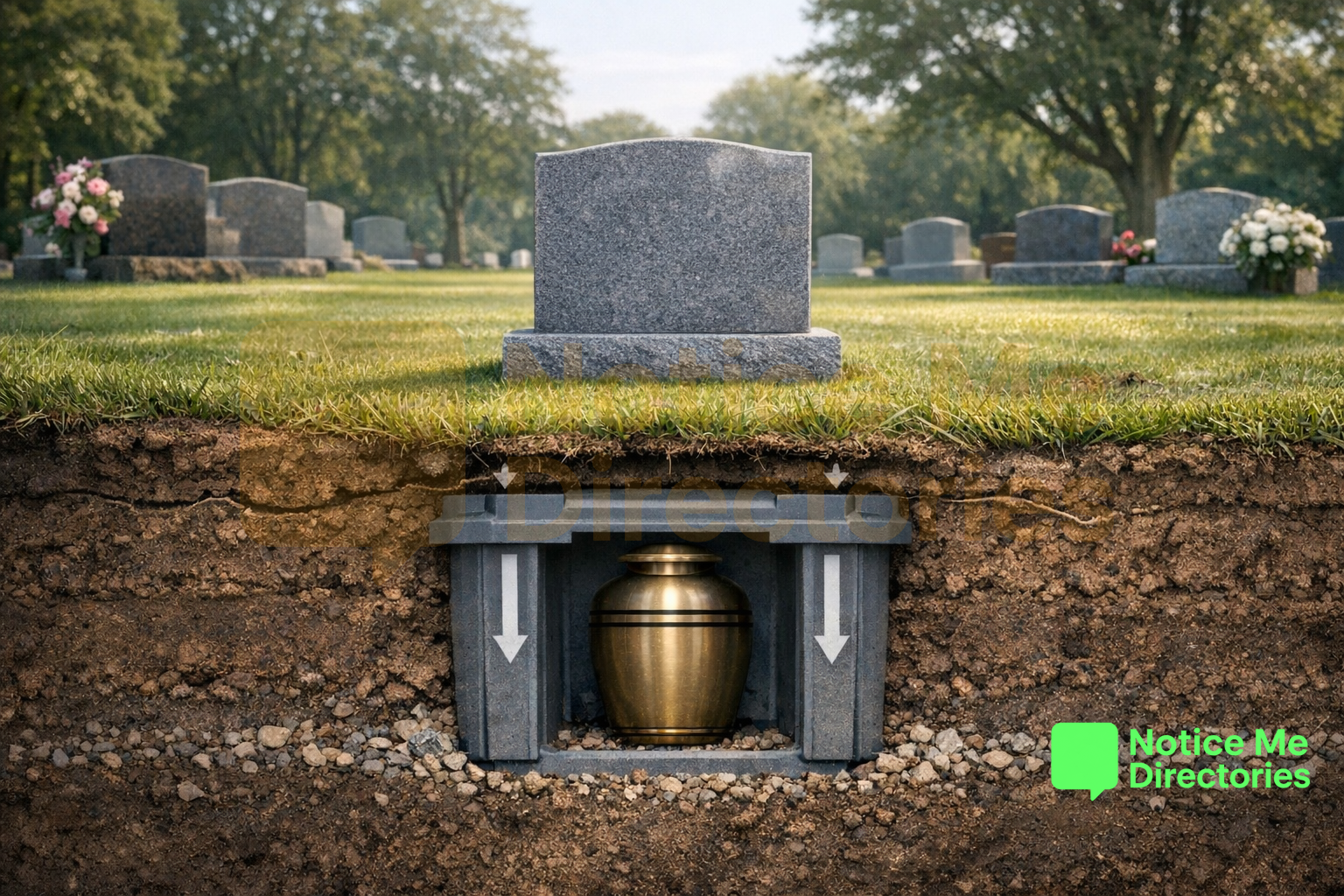 In-ground cremation urn vault and cemetery headstone cross-section structural comparison diagram showing protection from downward ground pressure and soil shifting